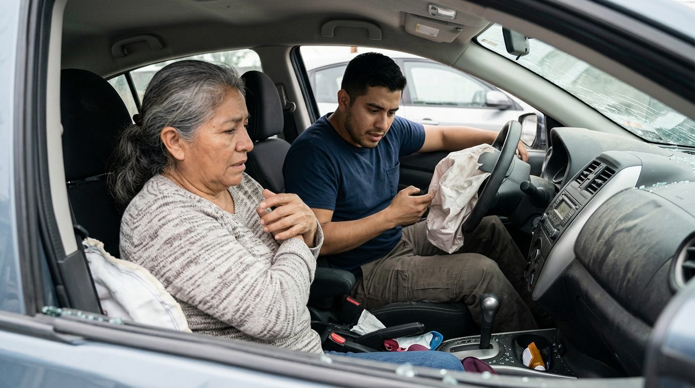Airbag desplegado en interior de automóvil dañado tras colisión.