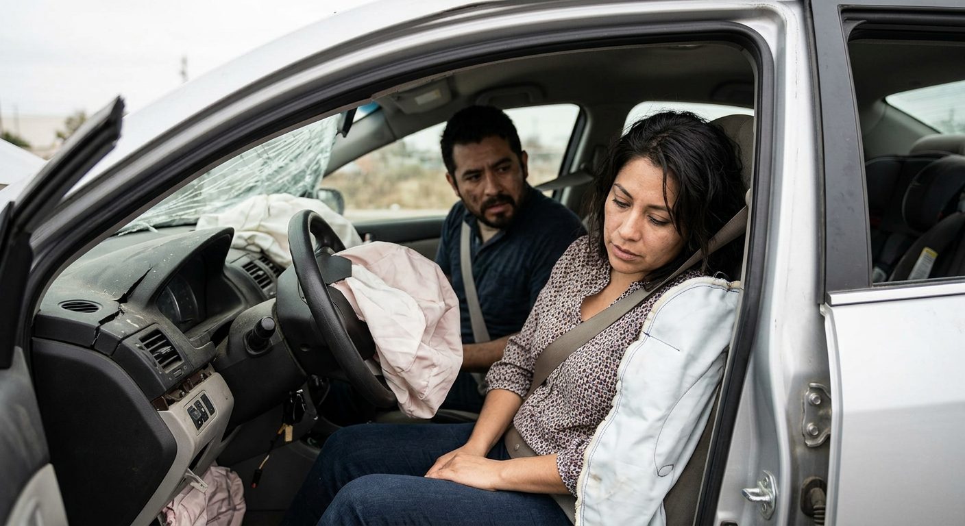 Airbag desplegado en interior de automóvil dañado tras colisión.