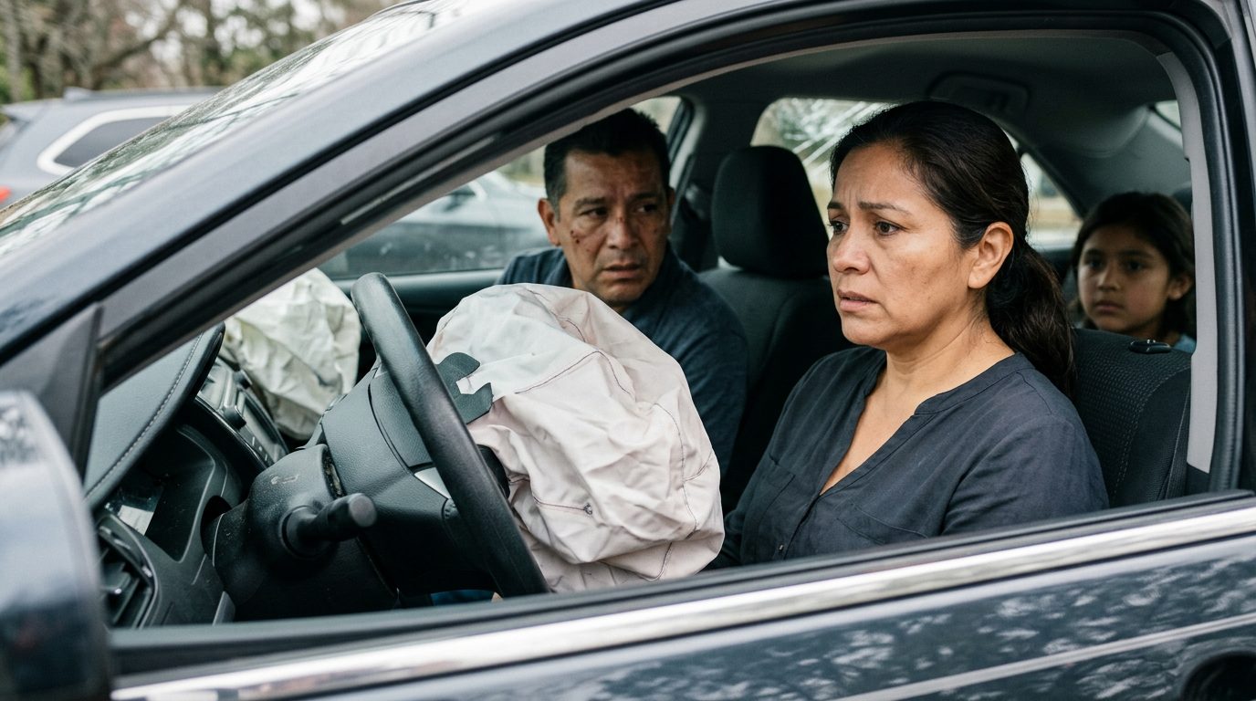 Airbags desplegados e interior dañado de sedán tras colisión vehicular.
