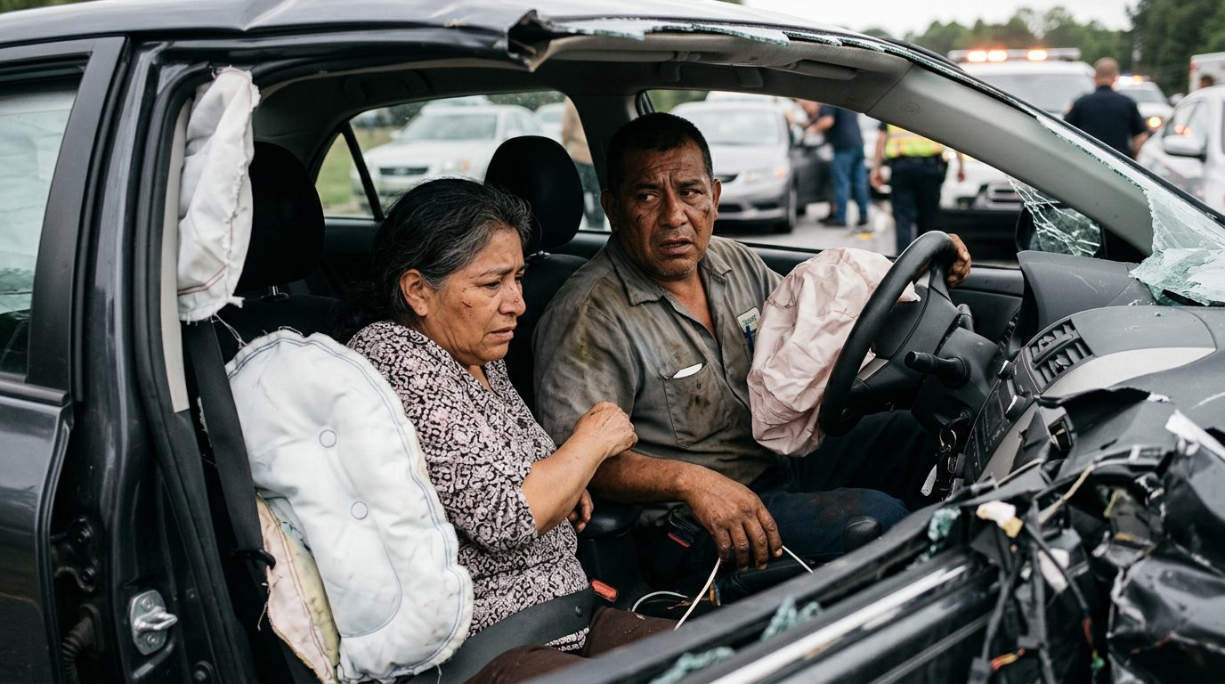 Airbags desplegados en interior de sedán dañado tras colisión.