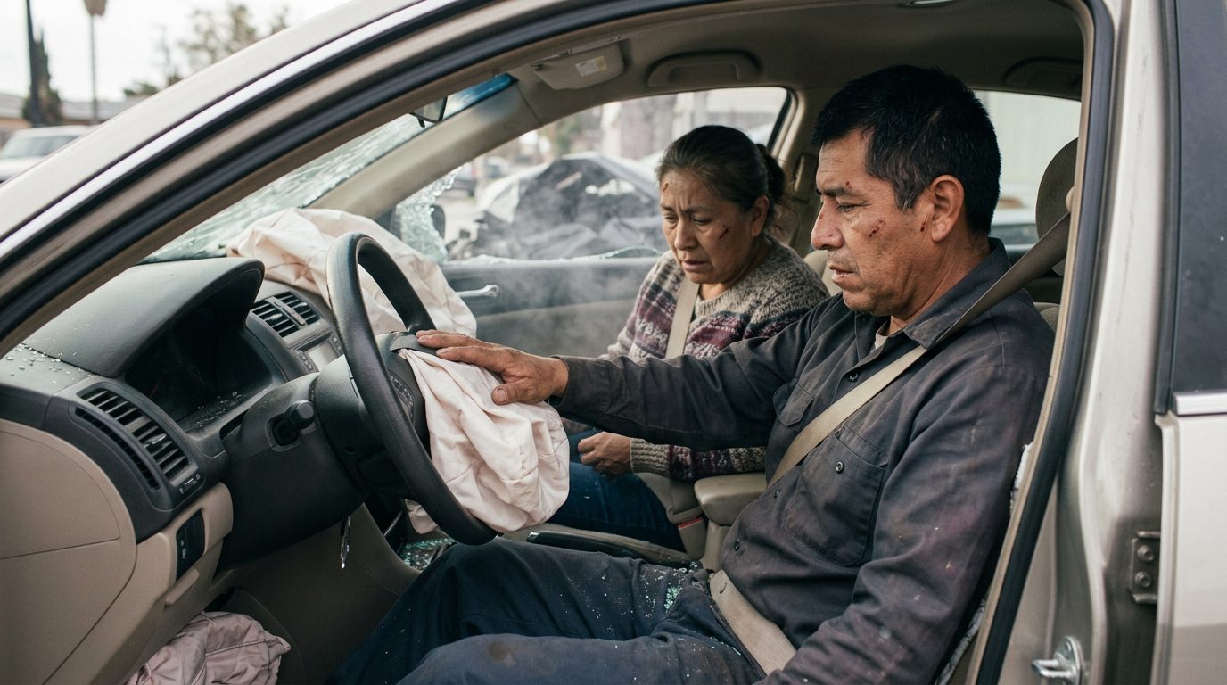 Airbags desplegados en interior de sedán dañado tras colisión.