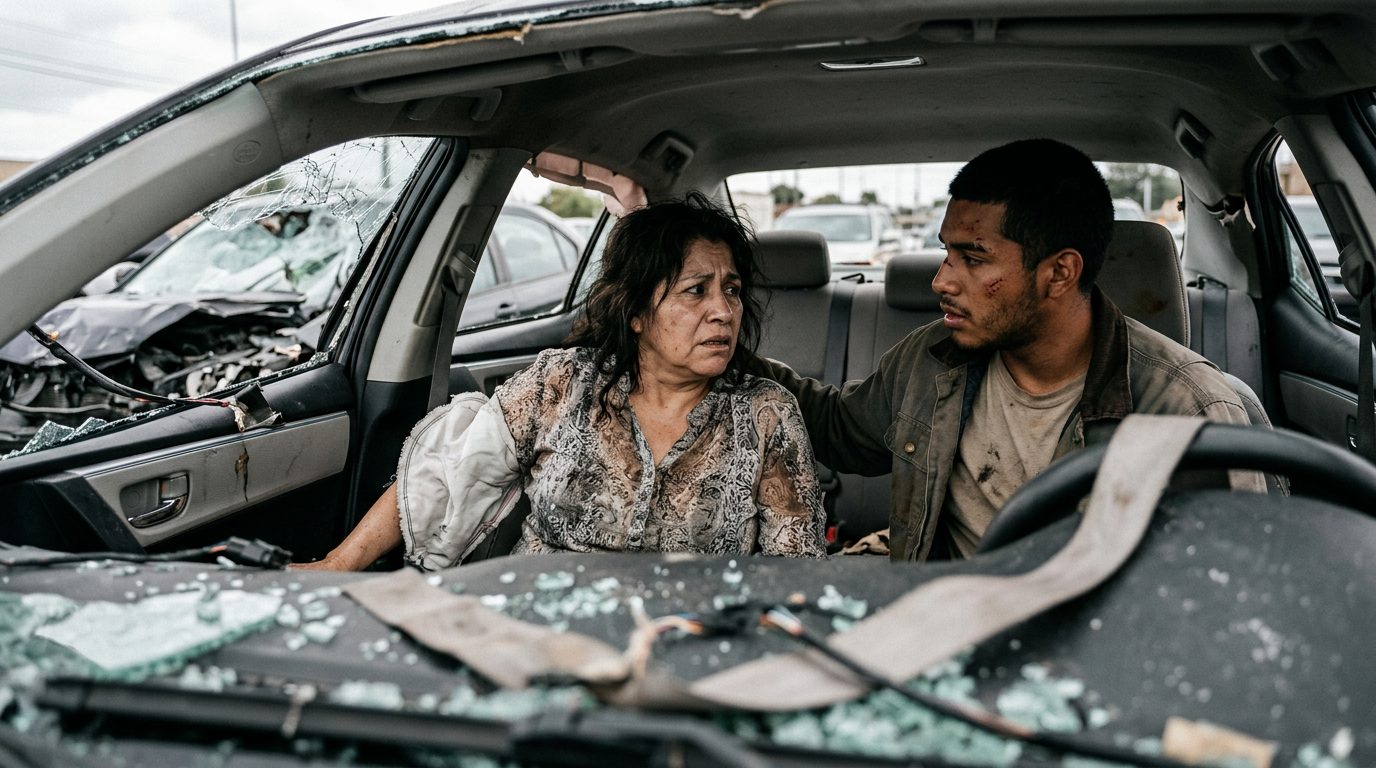 Airbags desplegados en interior de sedán dañado tras colisión.