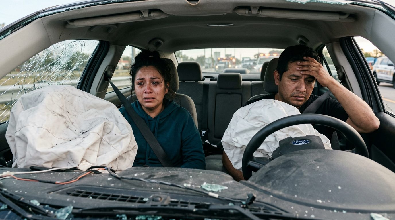 Airbags desplegados y daños estructurales en interior de sedán tras colisión.