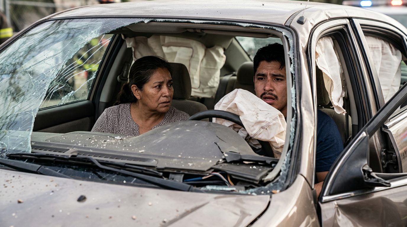 Airbags desplegados y daños estructurales en interior de sedán tras colisión.