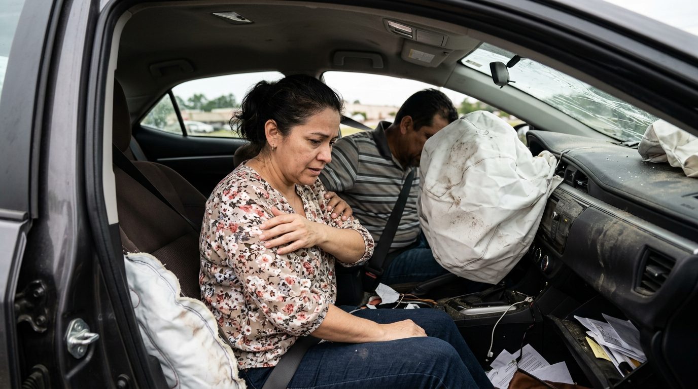 Automóvil dañado con airbags desplegados después de colisión.