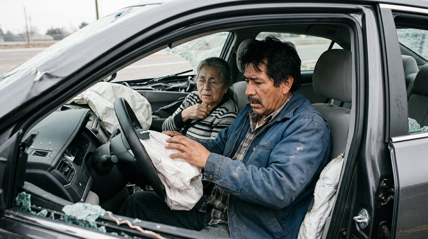 Automóvil dañado con airbags desplegados después de colisión.