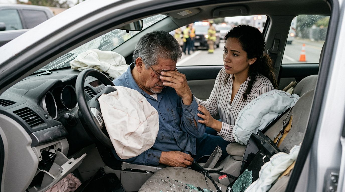 Automóvil dañado con airbags desplegados después de una colisión.