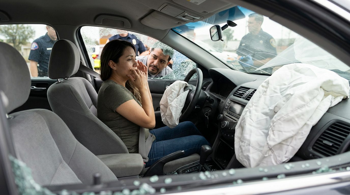 Automóvil dañado con airbags desplegados después de una colisión.
