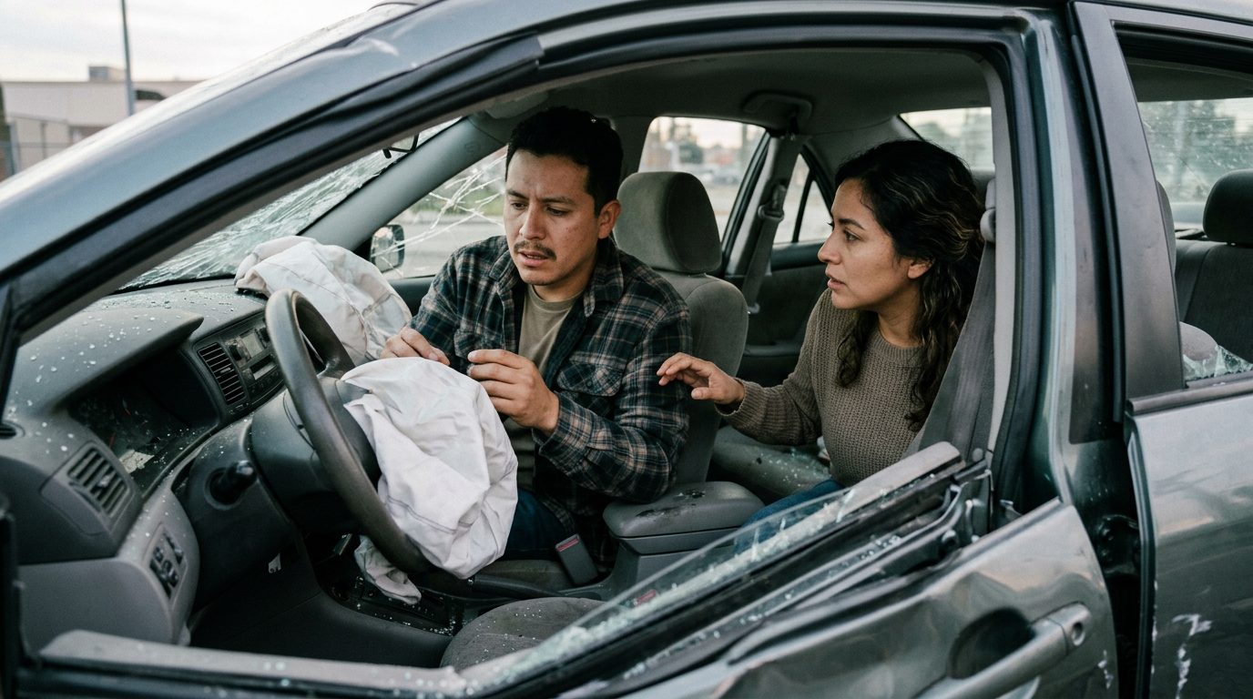 Automóvil dañado con airbags desplegados tras colisión.