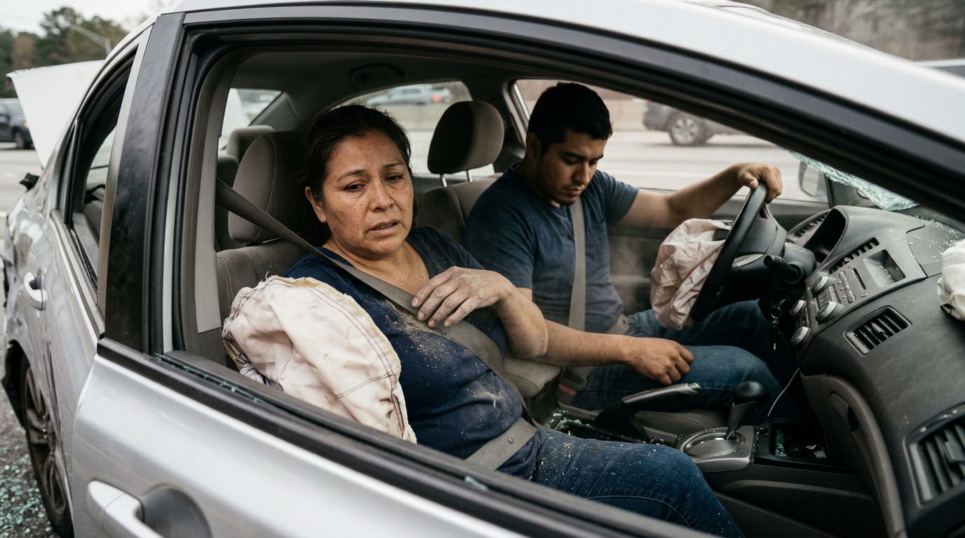 Automóvil dañado con airbags desplegados tras colisión.