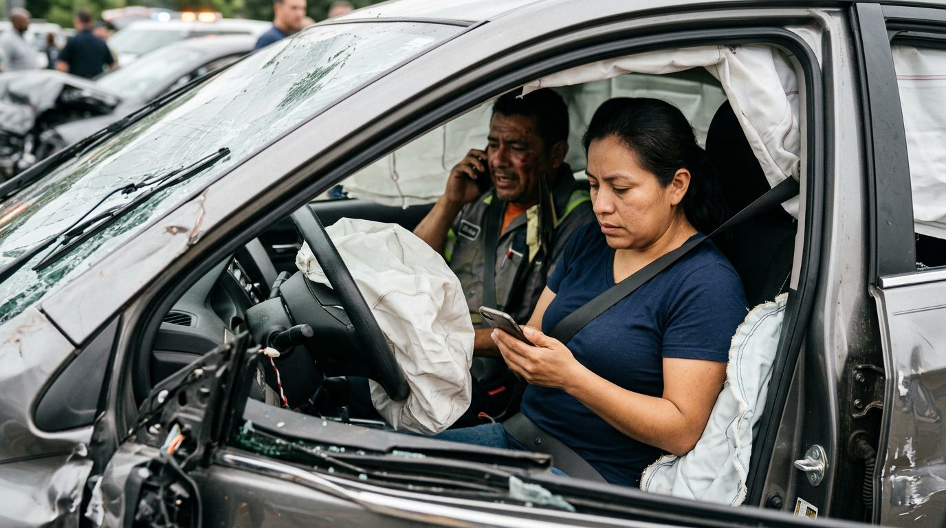 Automóvil dañado con airbags desplegados tras colisión.