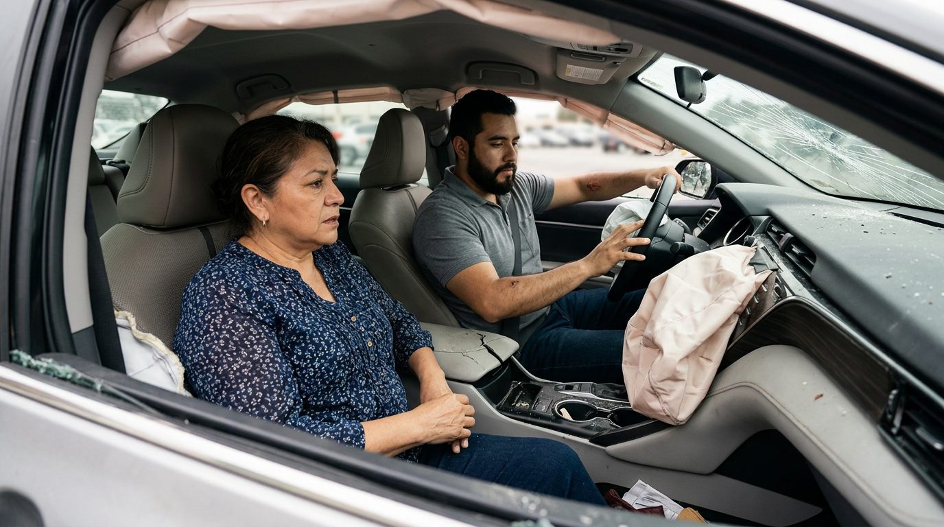 Automóvil dañado tras colisión con airbags desplegados en interior de vehículo.
