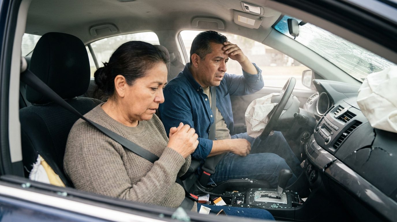 Automóvil dañado tras colisión con airbags desplegados y deformación estructural.