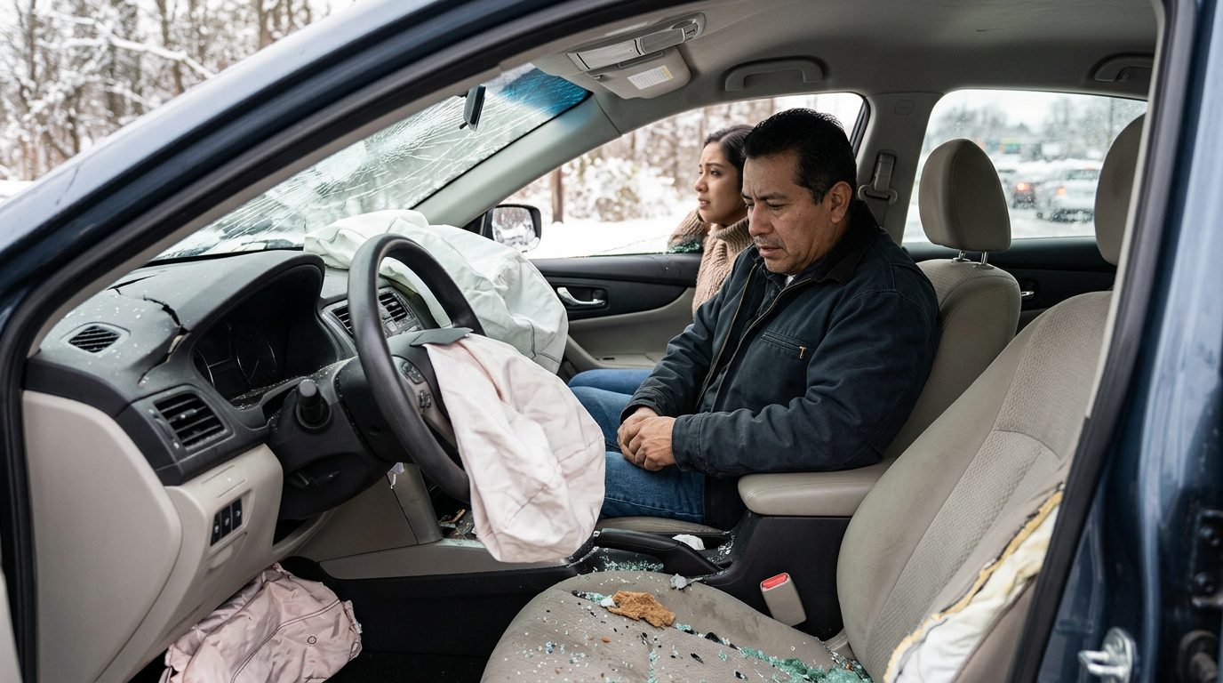 Automóvil dañado tras colisión con airbags desplegados y deformación estructural.
