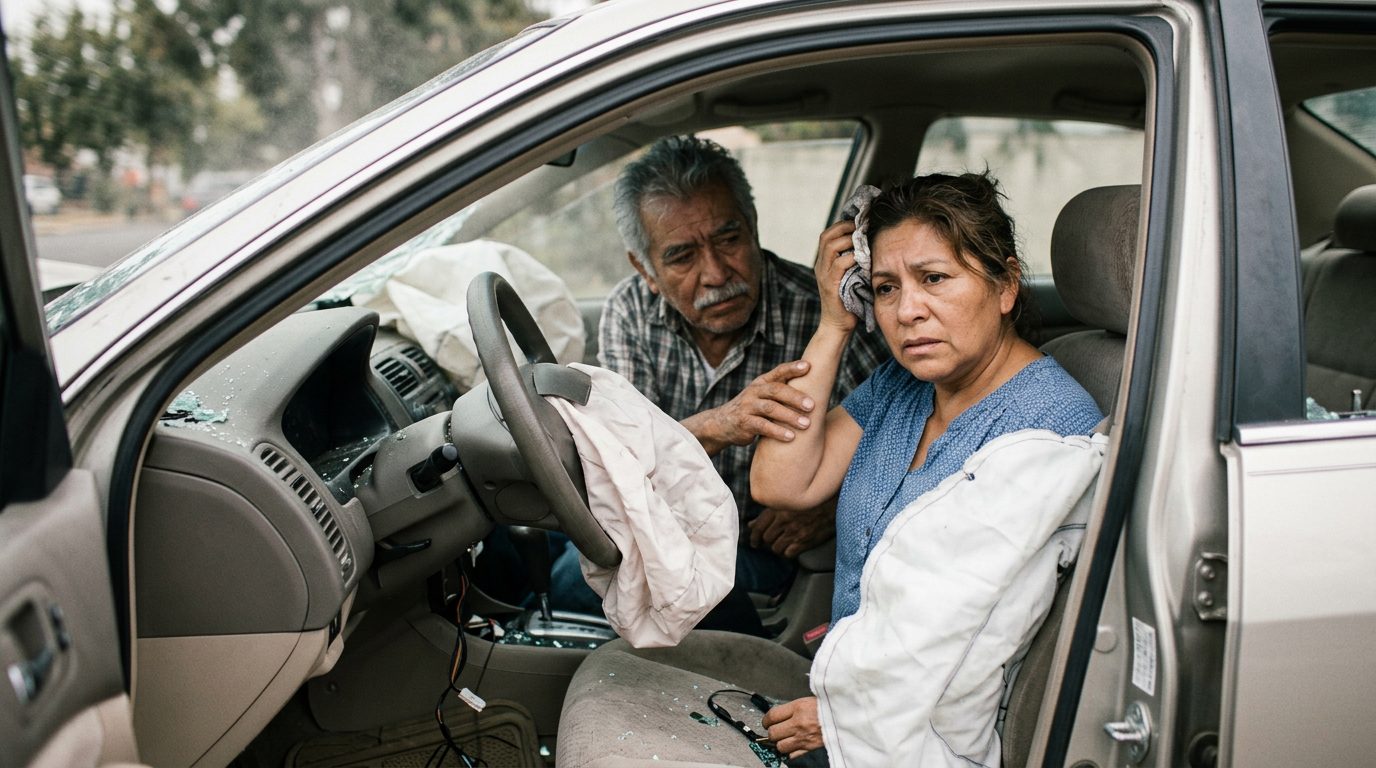Automóvil dañado tras colisión con airbags desplegados y deformación estructural.
