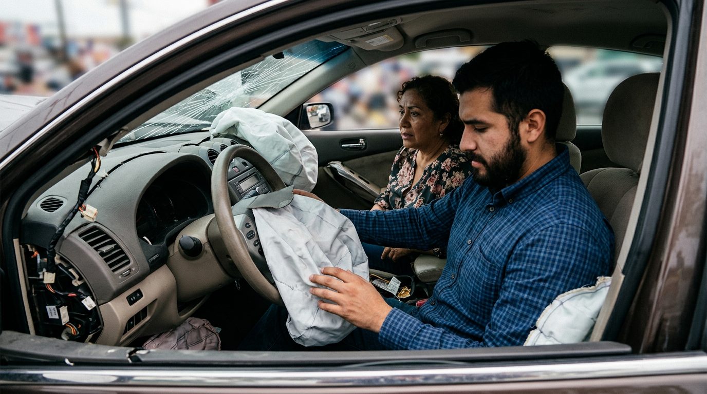 Automóvil dañado tras colisión con airbags desplegados y deformación estructural.