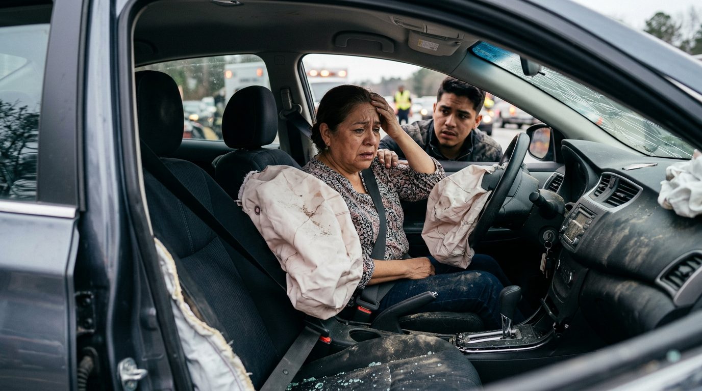 Automóvil dañado tras colisión con airbags desplegados y deformación estructural.