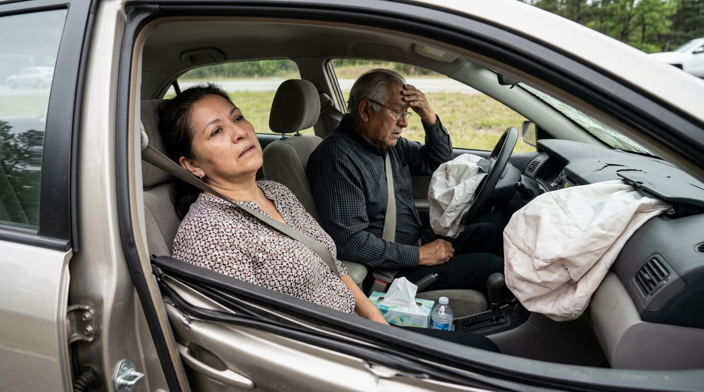 Automóvil dañado tras colisión con airbags desplegados y deformación estructural.