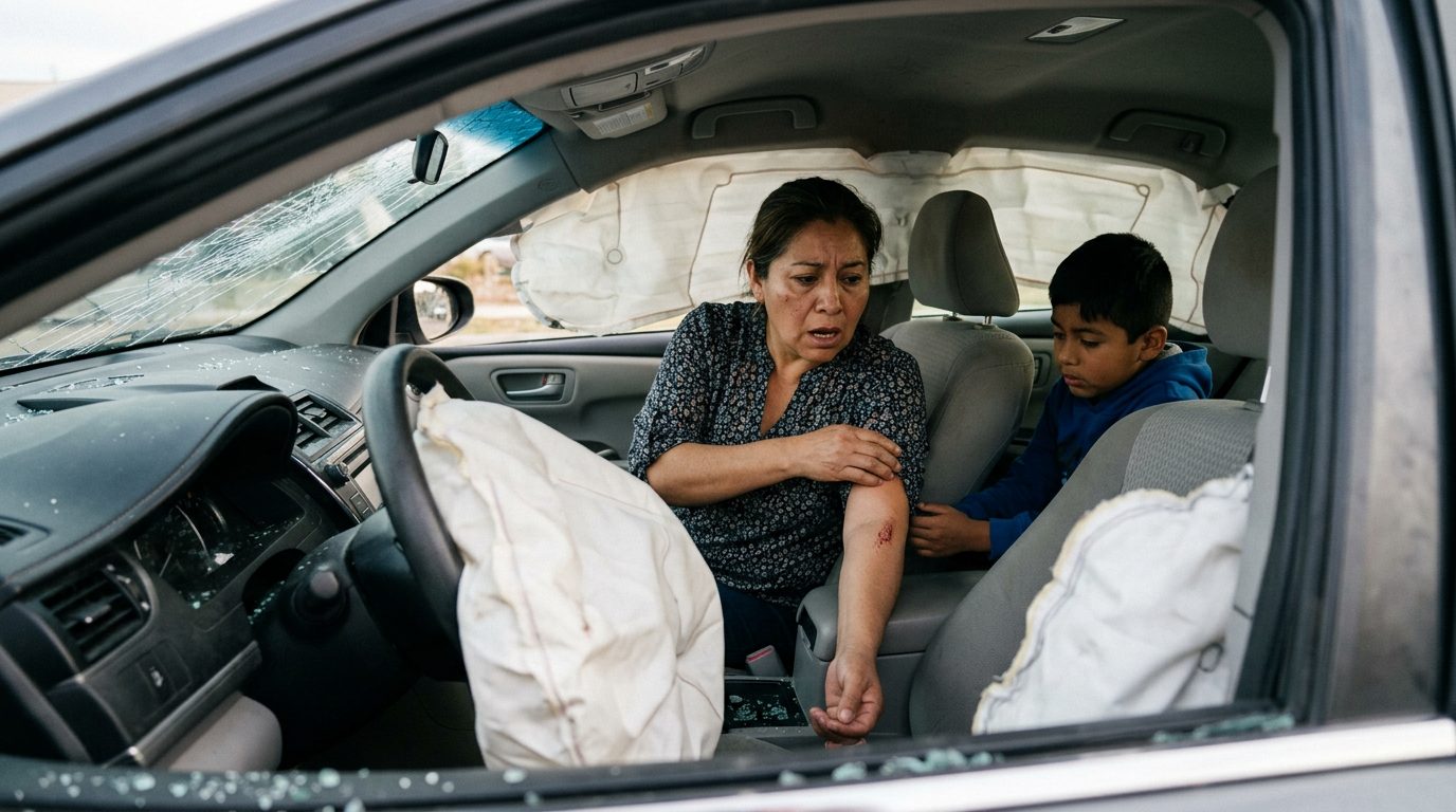Automóvil dañado tras colisión con airbags desplegados y deformación estructural.
