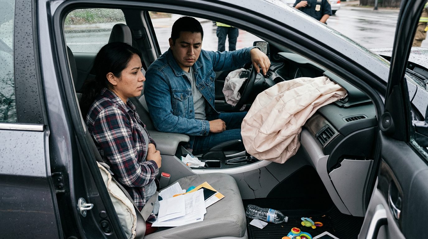Automóvil dañado tras colisión con airbags desplegados y deformación estructural.