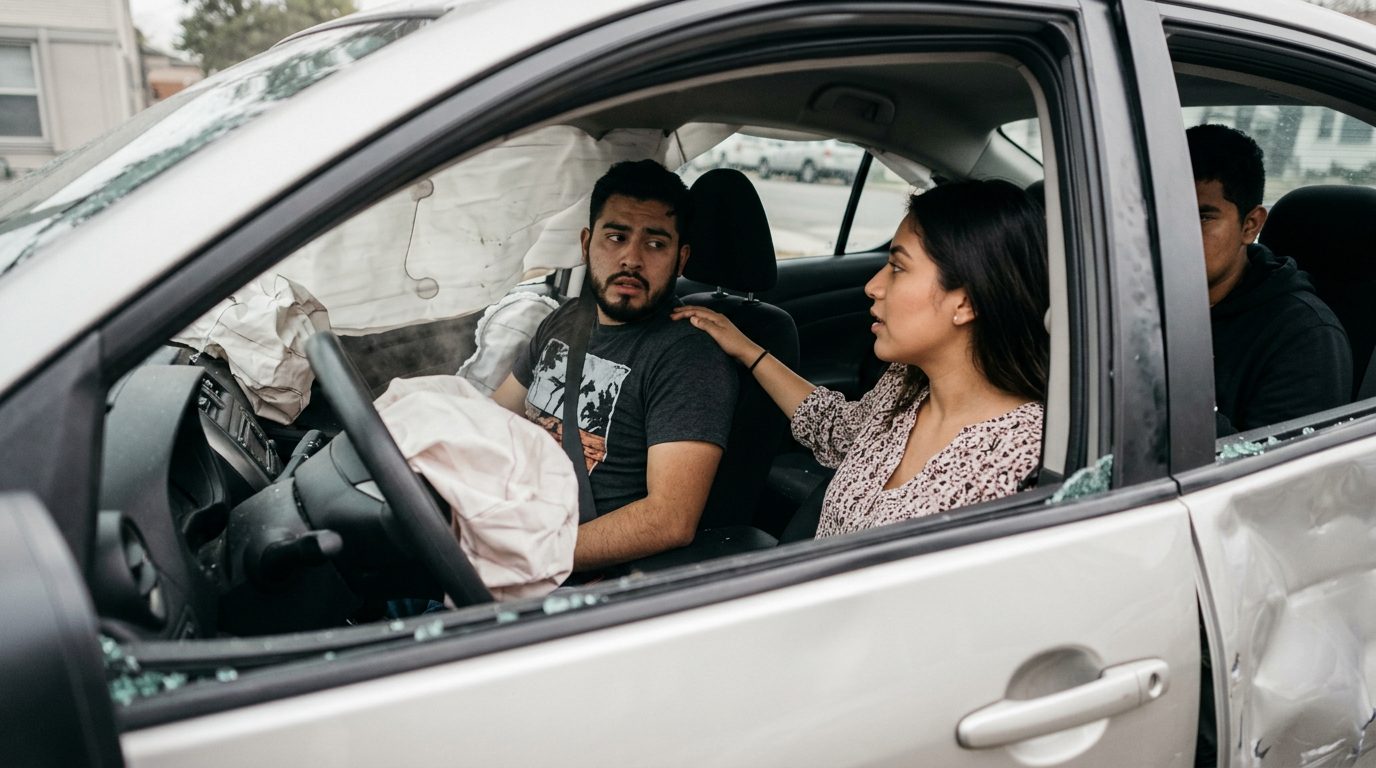 Automóvil dañado tras colisión con airbags desplegados y deformación estructural.