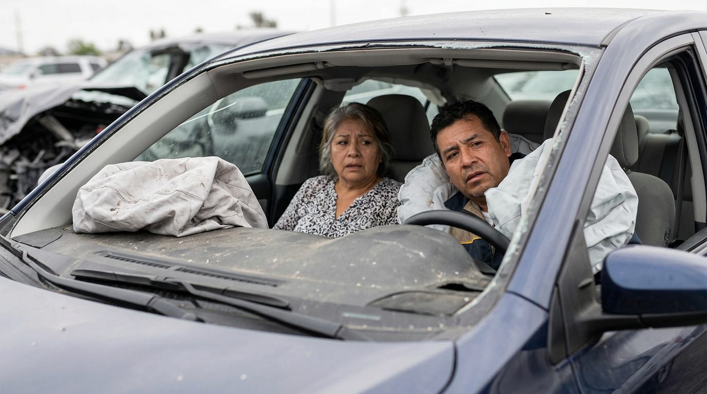 Automóvil dañado tras colisión con airbags desplegados y deformación estructural.