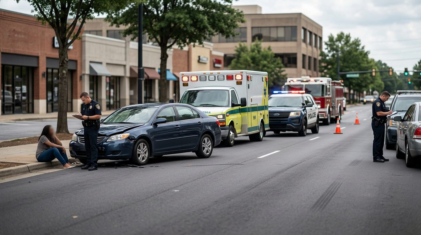 Car accident scene with vehicle damage, emergency vehicles, and investigators on city street.