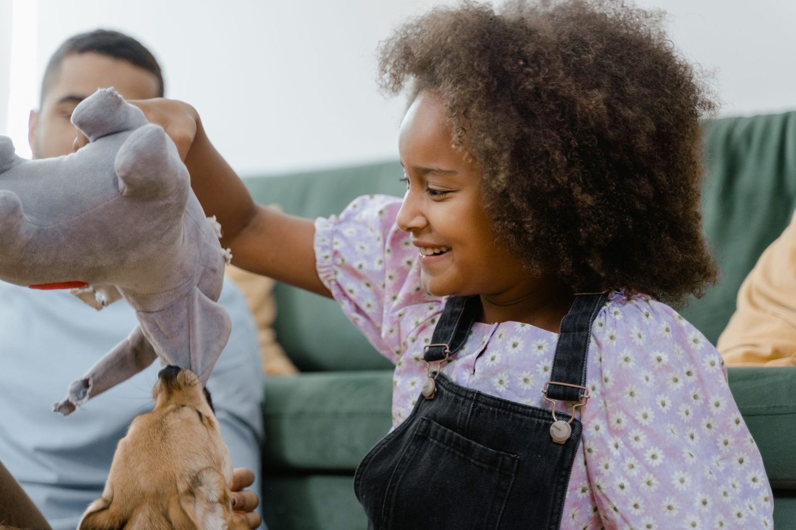 Child playing with dog and plush toy at home.
