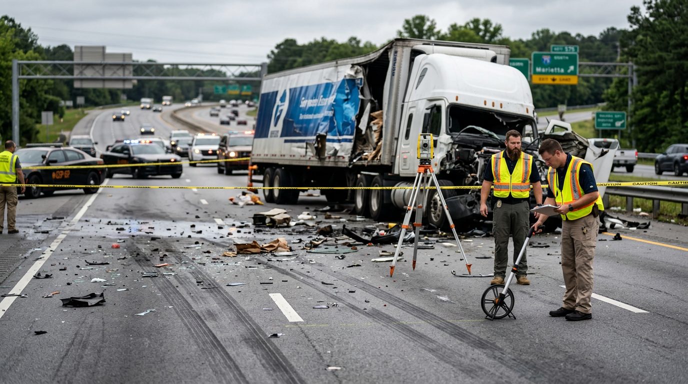 Commercial truck accident scene on highway with debris, skid marks, and accident reconstruction specialists documenting collision.