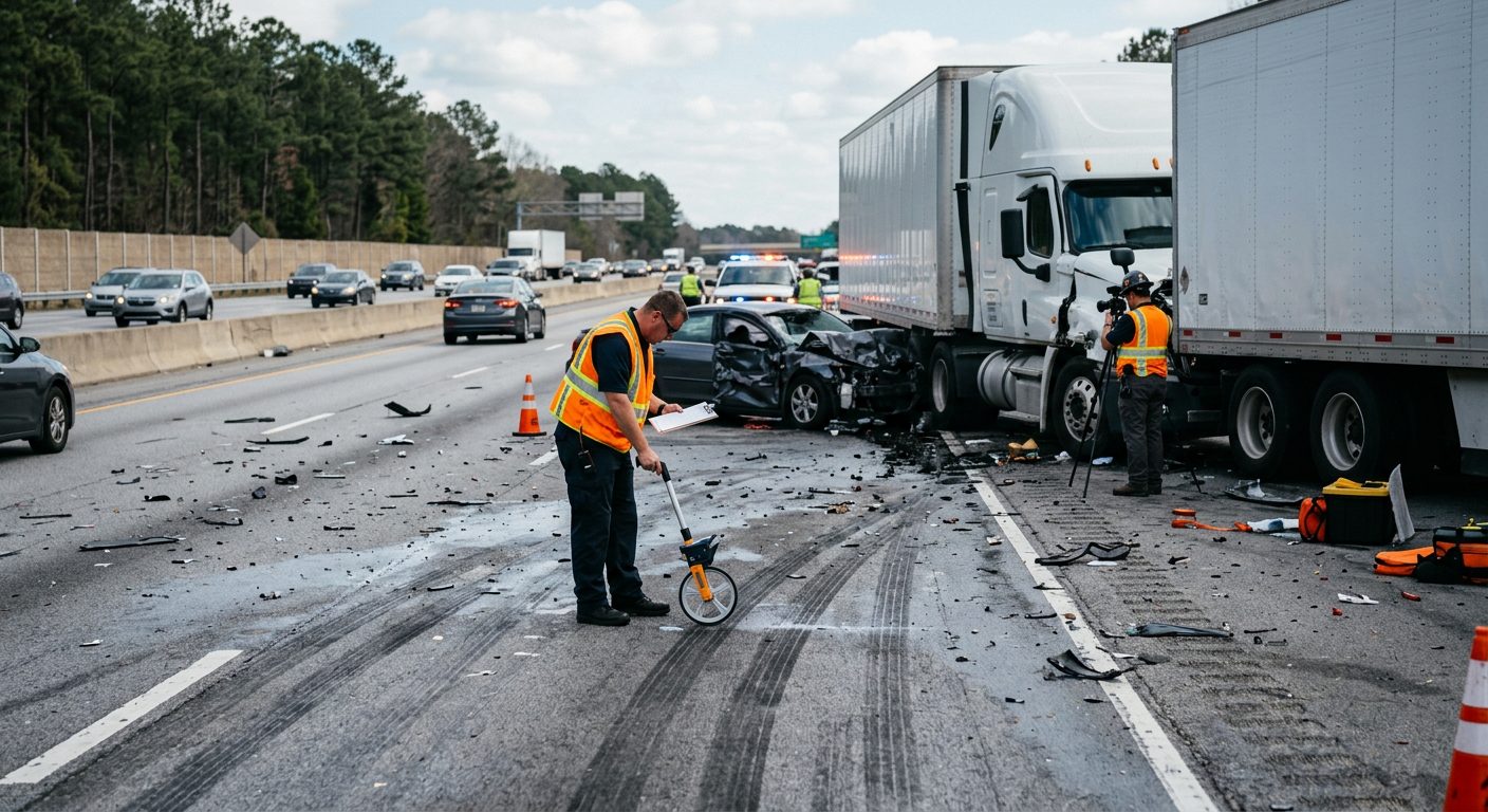 Commercial truck accident scene on highway with debris, skid marks, and accident reconstruction specialists documenting the collision.