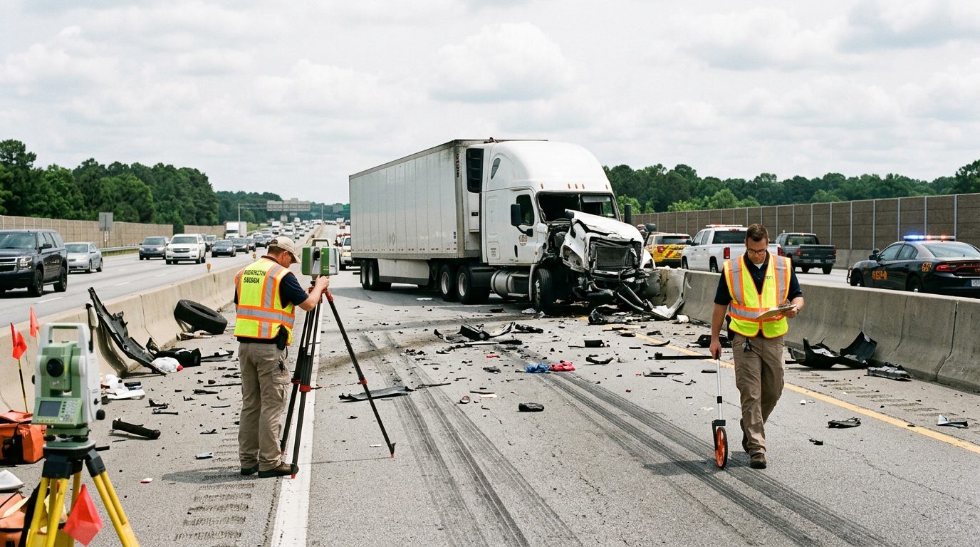 Commercial truck accident scene on highway with debris, skid marks, and accident reconstruction specialists documenting collision.