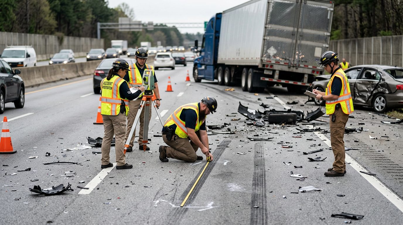 Commercial truck accident scene with debris, skid marks, and accident reconstruction specialists documenting the collision.