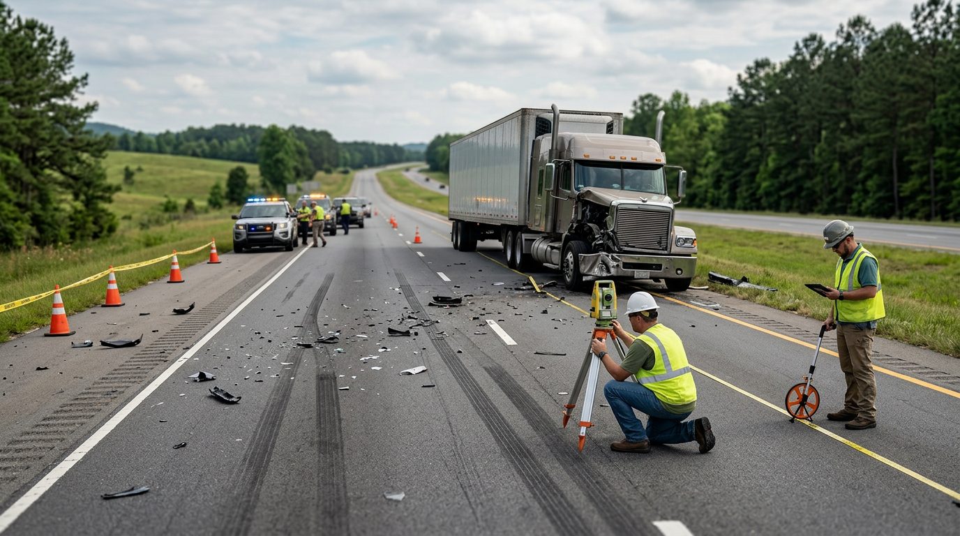 Commercial truck accident scene with debris, skid marks, and accident reconstruction specialists documenting the collision.