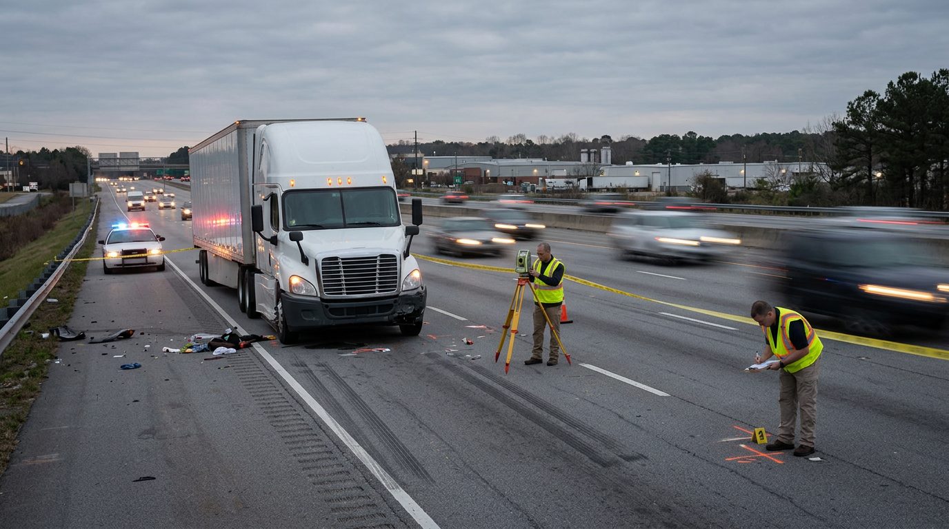 Commercial truck accident scene with debris, skid marks, and investigators documenting the collision on a highway.