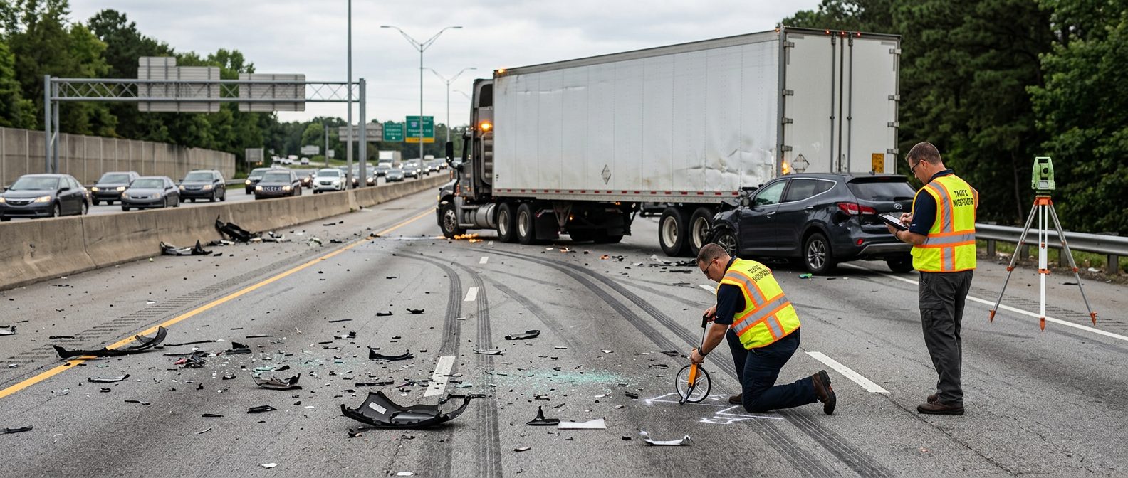 Commercial truck accident scene with debris, skid marks, and investigators documenting collision on highway.
