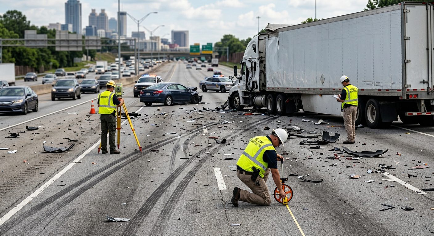 Commercial truck accident scene with debris, skid marks, and investigators documenting collision on highway.