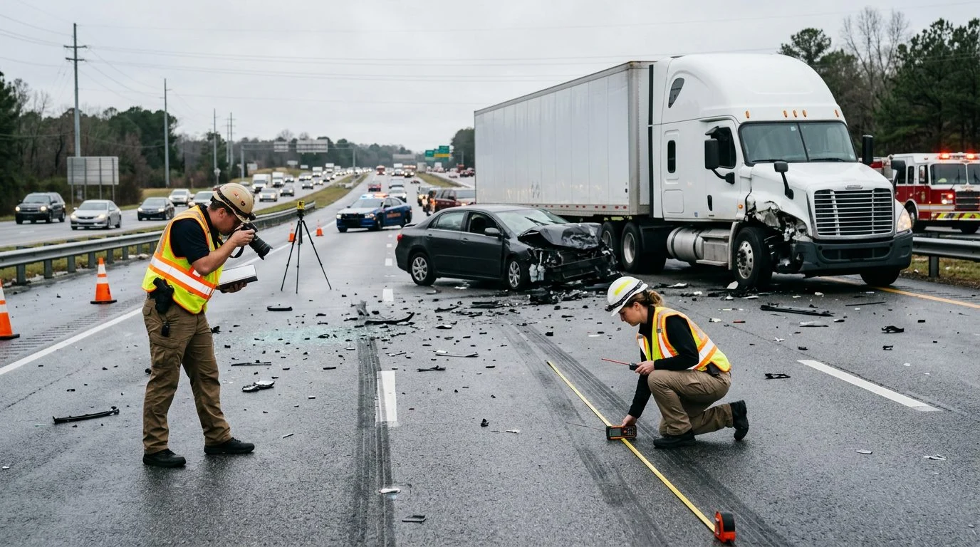 Commercial truck accident scene with debris, skid marks, and specialists documenting collision on highway.