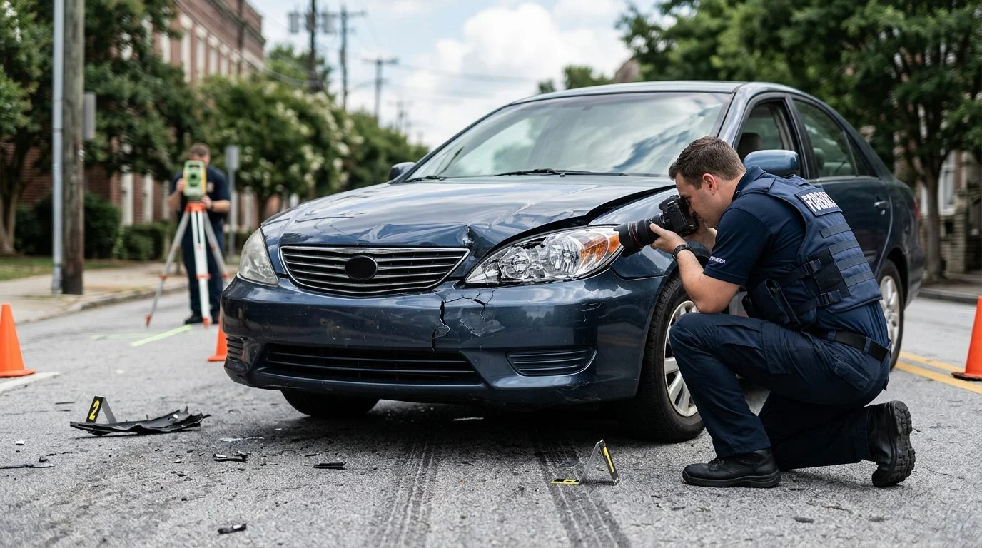 Damaged vehicle front end with investigators documenting collision evidence for analysis.