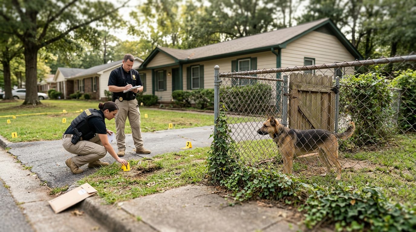 Delivery driver incident scene with dog behind fence and evidence markers in yard.