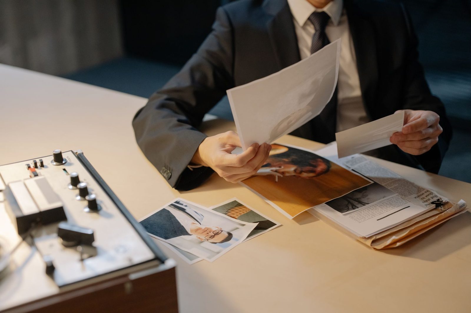 Detective examining photographic evidence at desk during investigation.
