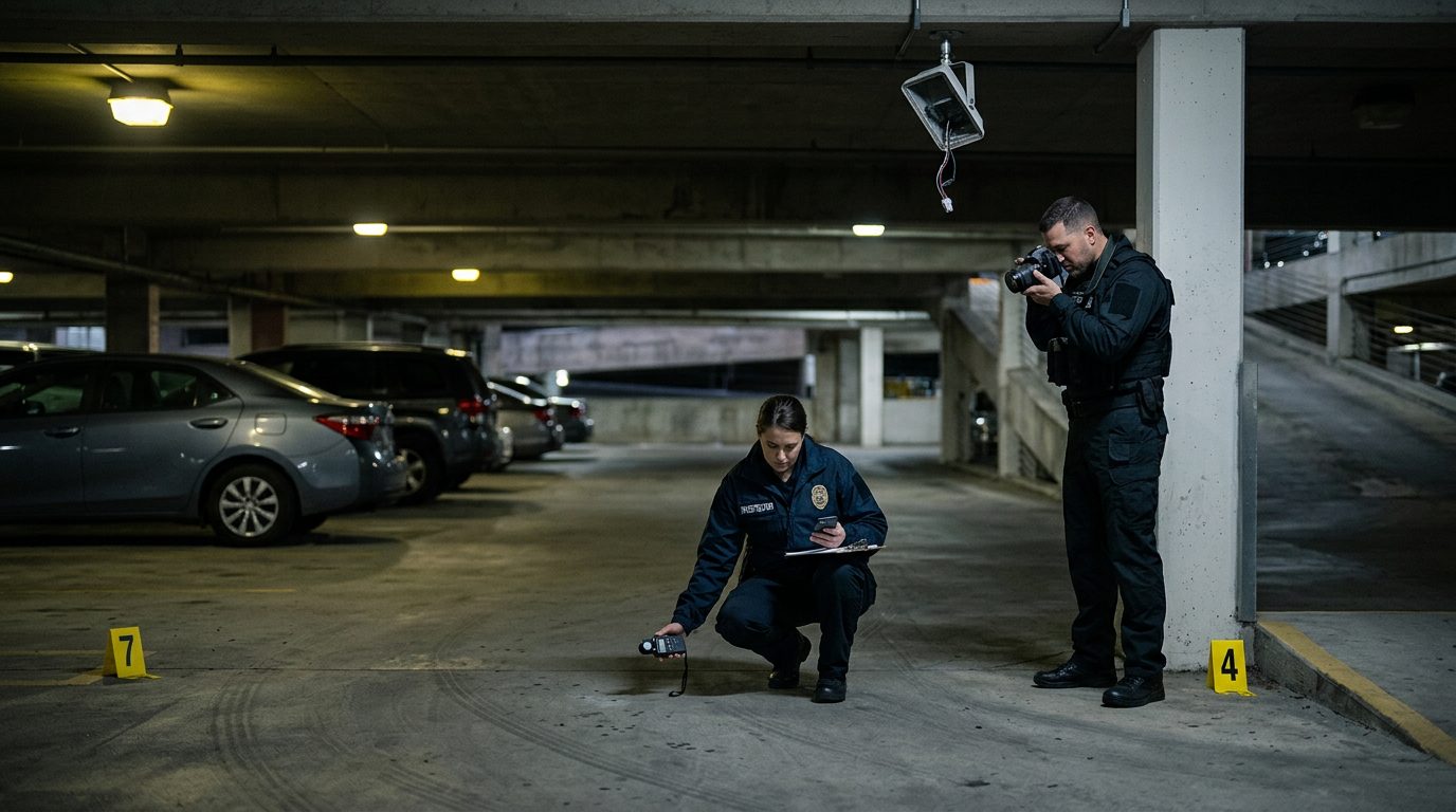 Dimly lit parking garage with evidence markers and broken surveillance cameras documenting inadequate lighting conditions.