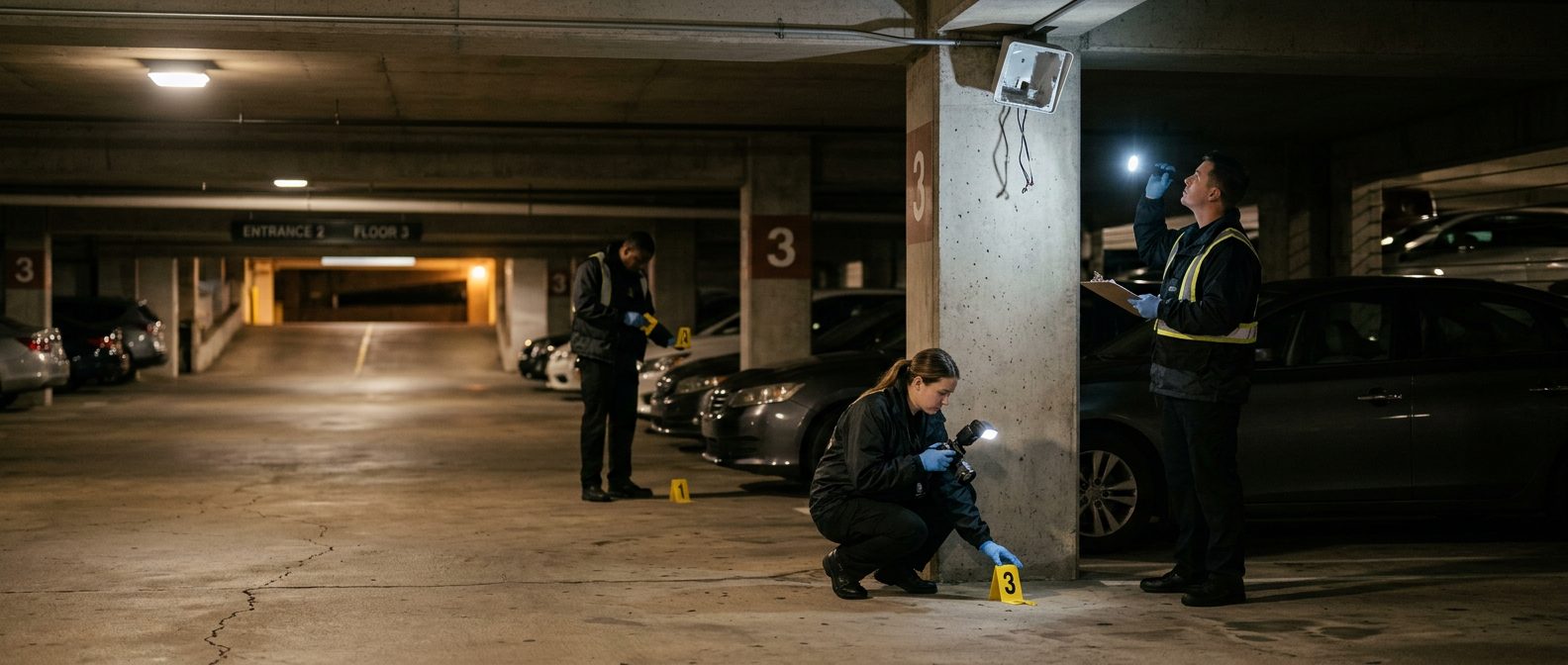 Dimly lit parking garage with evidence markers and broken surveillance camera documenting inadequate lighting conditions.