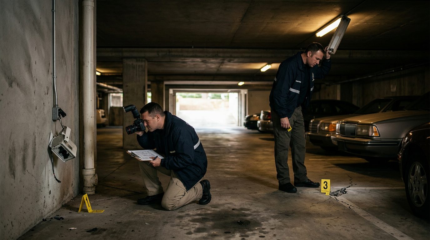 Dimly lit parking garage with evidence markers, broken security cameras, and investigators documenting inadequate lighting.