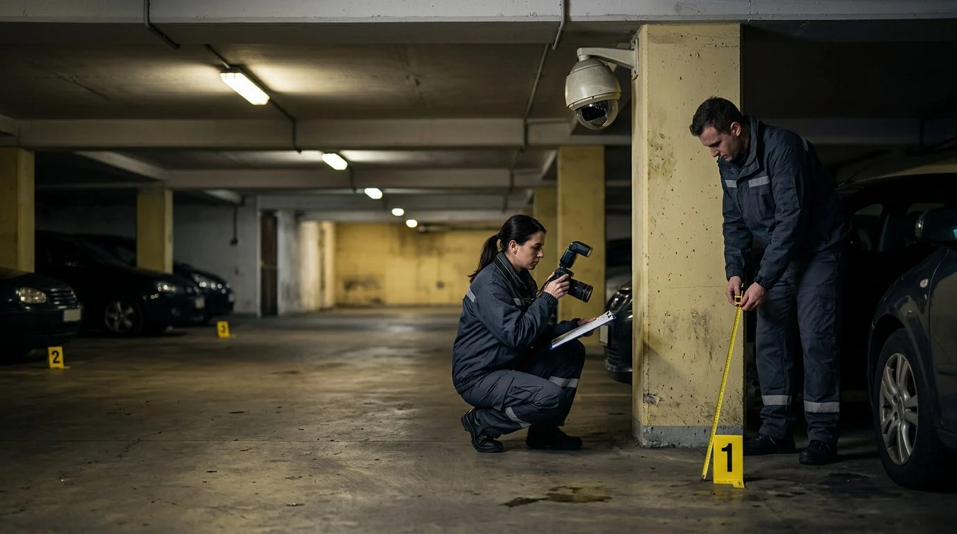 Dimly lit parking garage with evidence markers, broken security camera, and inadequate lighting documenting unsafe conditions.