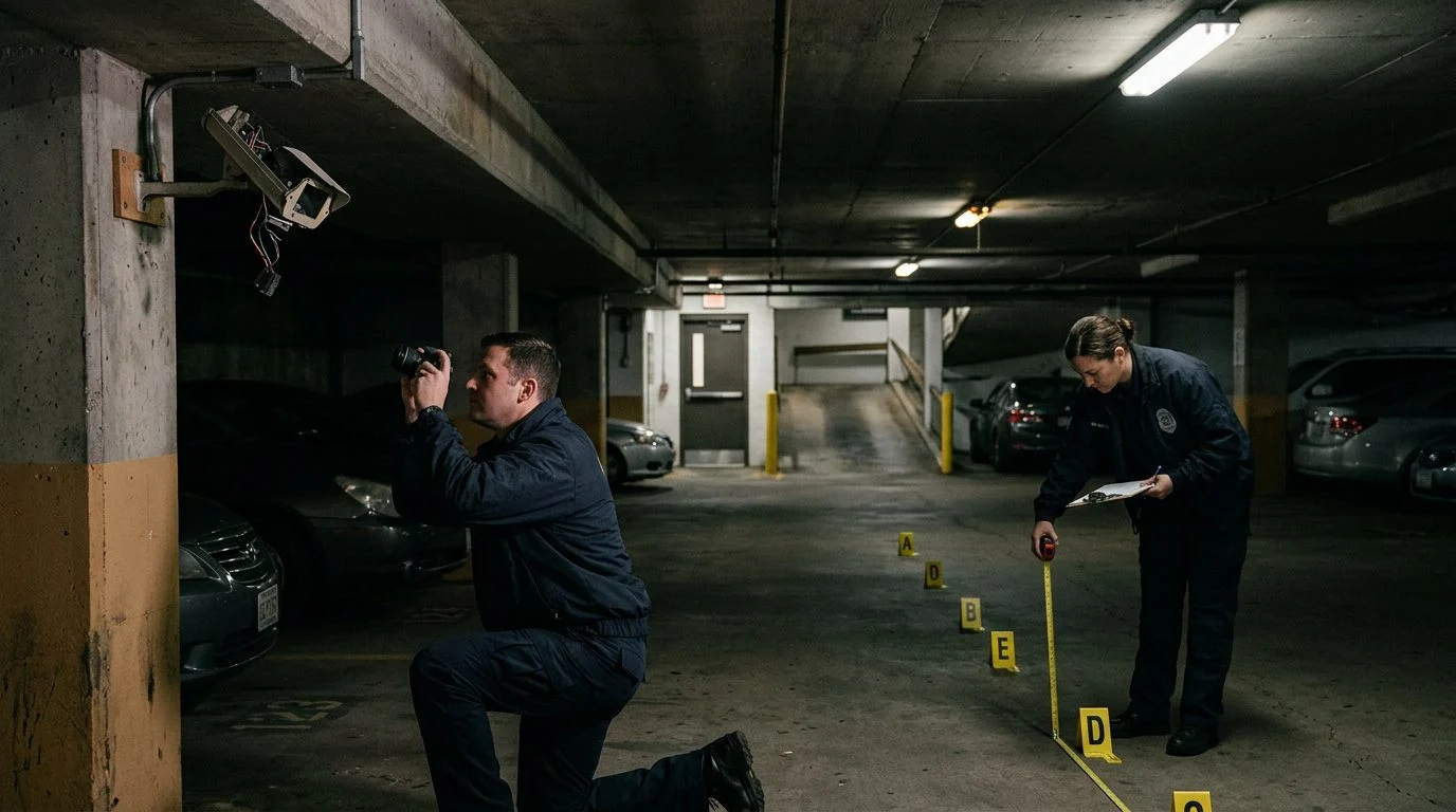 Dimly lit parking garage with evidence markers, broken security camera, and investigators documenting unsafe conditions.