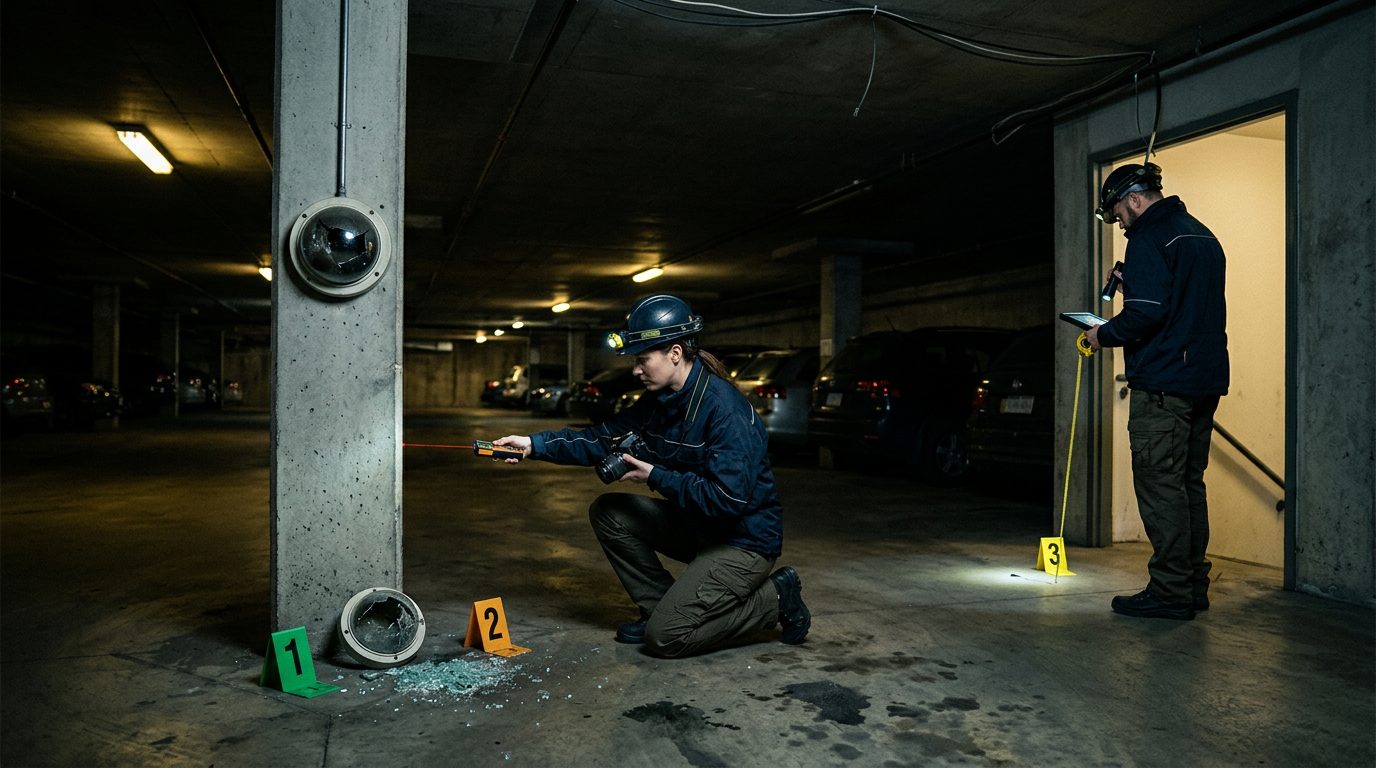 Dimly lit parking garage with evidence markers documenting poor lighting, broken cameras, and security failures.