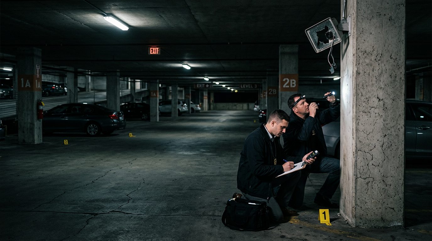 Dimly lit parking garage with security investigators documenting poor lighting, broken cameras, and evidence markers.