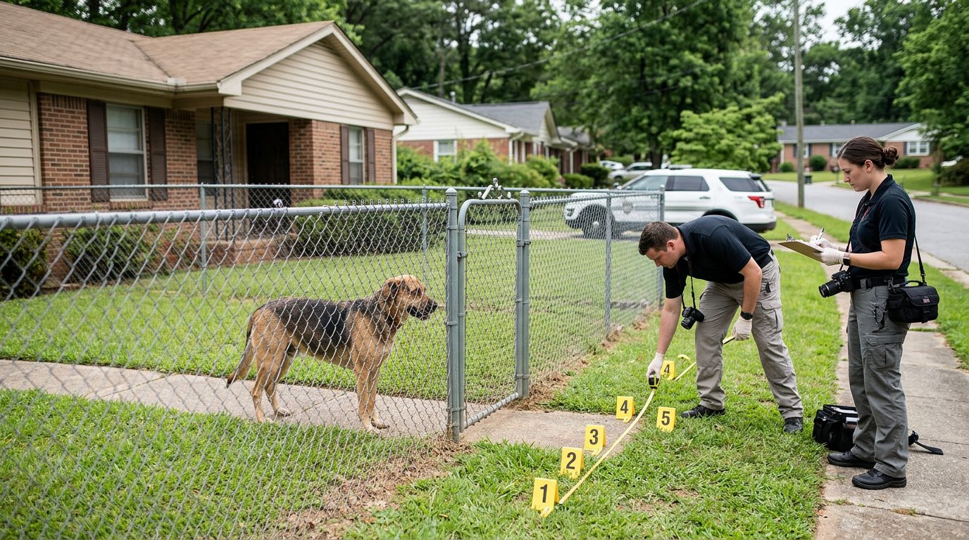 Dog attack incident scene with investigators and evidence markers in residential yard.