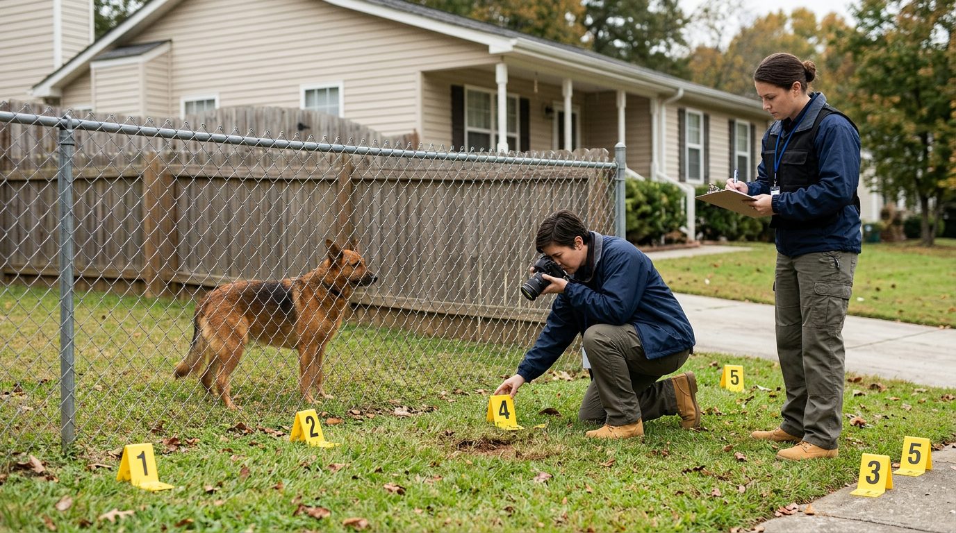 Dog behind fence at residential property with accident investigators and evidence markers documenting incident scene.