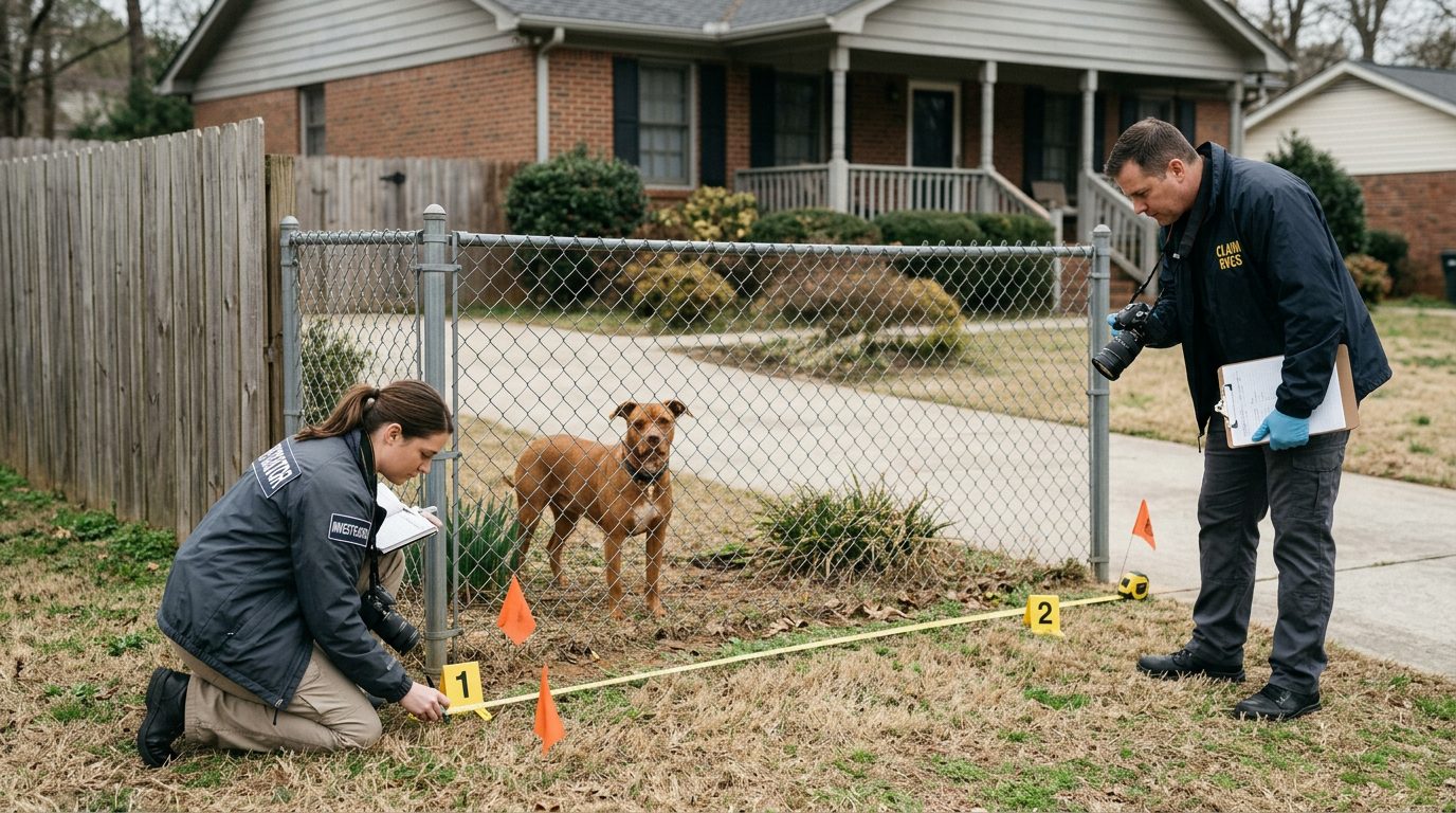 Dog behind fence at residential property with accident investigators and evidence markers in yard.
